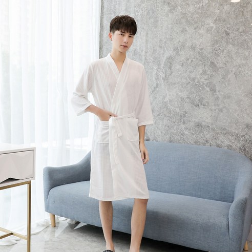 DFMEI 봄여름 면 가운 여 얇은 와플 가운 빅 사이즈 커플 가운 온천 가운, 순백의 남자, M은 125개 미만의 고양이에 적합합니다.
