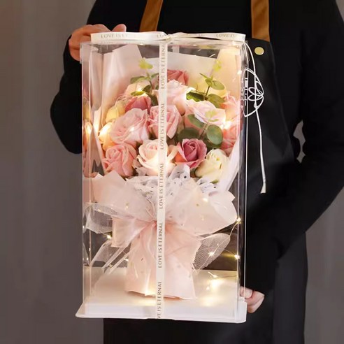 장미 비누 꽃 안개꽃 드라이 플라워 콤비네이션 꽃다발 시들지 않는 플라워 LED 무드등 꼬치 쇼핑백, 1개, 다색 장미