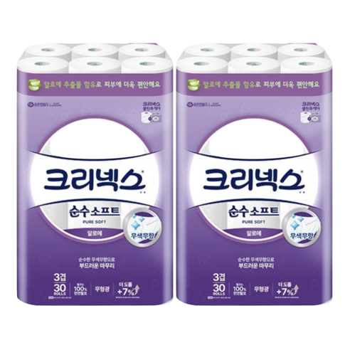 크리넥스 천연펄프 순수 3겹 소프트 롤화장지 27M, 30롤, 2팩