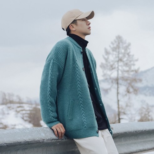 smy[특별] 가을 겨울 레트로 자카드 두꺼운 카디건 남자 스웨터 유행 브랜드 스웨터 라운드 넥 스웨터 코트