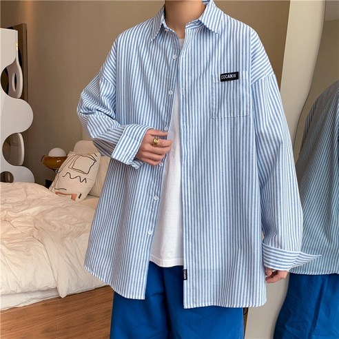 미나토 인스 닛폰 스트라이프 셔츠 남성 긴팔한화 패션 건달 셔츠 트렌디 루즈핏 코트