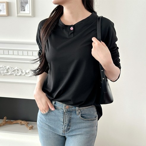 봄과 가을철 필수 아이템: 클라민 여성 헨리넥 무지 티셔츠 2p