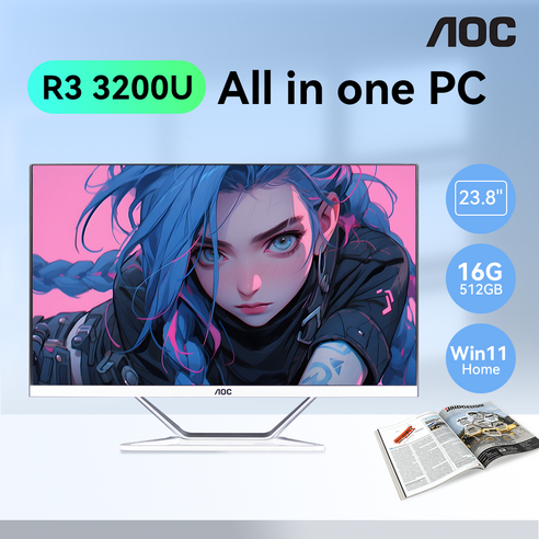 AOC 올인원 PC 비즈니스 데스크탑 23.8 인치 AMD R3 3200U 512GB 16GB RAM Windows 11 멀티스탠드 컴퓨터 일체형PC 사무용 컴퓨터 가성비, US