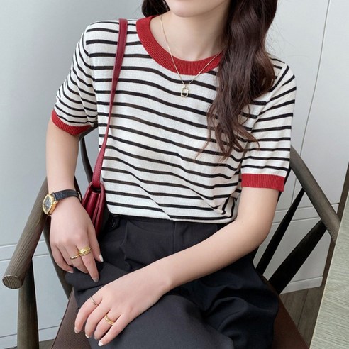 여성 여름 단가라 스트라이프 배색 반팔 니트 라운드넥