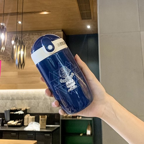 스누피 316 스테인리스강 보온컵 만화컵 물컵 빨대컵 눈금 보온컵, 청색, 380ML