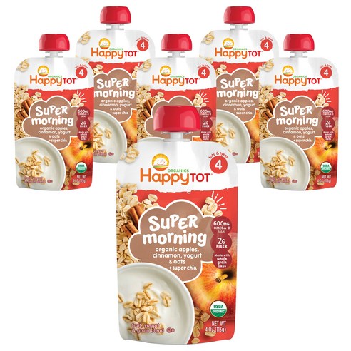 해피토트 슈퍼 모닝 어린이 스무디 113g, 사과 + 계피 + 요거트 + 오트 + 슈퍼 치아(Apples + Cinnamon + Yogurt + Oats + Super Chia), 6개