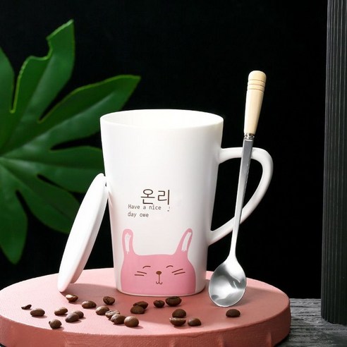 귀여운 만화 작은 동물 도자기 컵 모래 물컵 작은 싱그러운 띠 뚜껑 머그컵 아침커피 우유컵, 토끼., 401-500ml