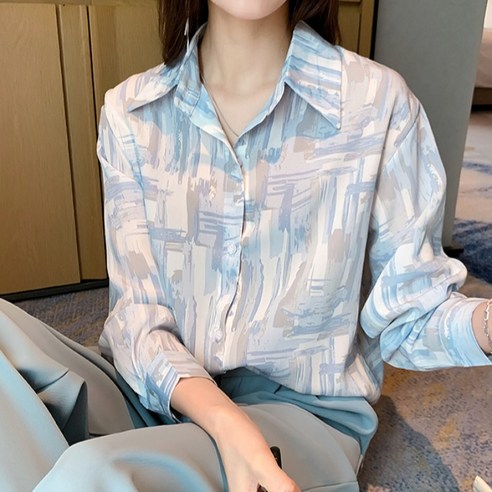 여성 긴팔 쉬폰 셔츠 레트로 폴로 셔츠 나염 느슨한 블라우스