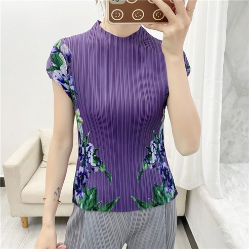 여성 모던 주름 반팔 상의 2024 여름 빈티지 프린트 티셔츠 FC6159