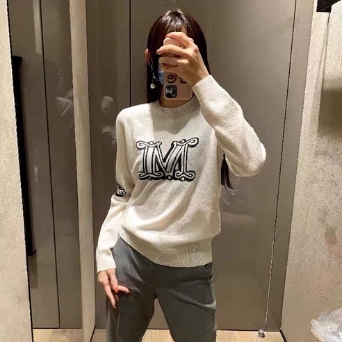 KORELAN 맥스 자모 큰 M 패턴 자카드 캐시미어 니트 라운드 넥타이 스웨터빈티지 무늬 셔츠 소매 조인트 니트