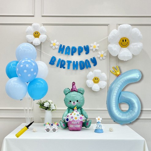 연지마켓 데이지 곰돌이 생일 파티 숫자 풍선 가랜드 세트, 6, 1세트, 베어 블루 6