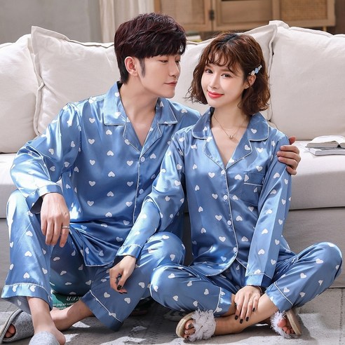 러빙리 스카이 하트 긴팔 커플잠옷 홈웨어 실크 파자마세트