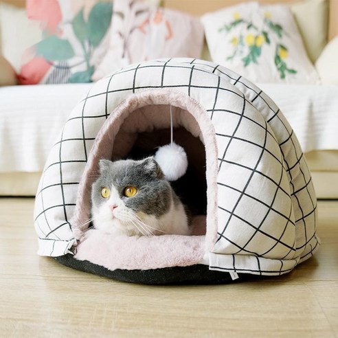 고양이 겨울 보온 기모 초두꺼운 고양이집 우주 캡슐 조개집 탈부착 가능 고양이집 토끼집, 화이트 체크