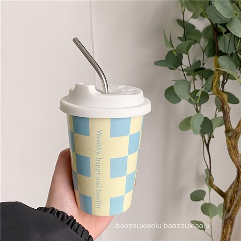 DFMEI 좋은 물건 마카롱 바둑판 커피 컵 세라믹 컵 밀짚 컵 찾고 연인의 휴대용 컵, DFMEI 노란색과 파란색 커피 컵