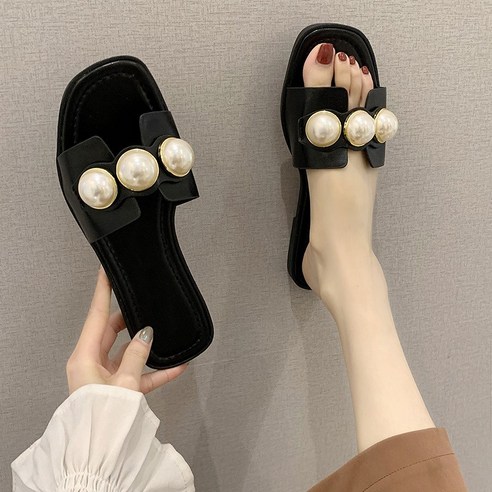 여성용 진주 플랫 슬리퍼 비치 샌들 뮬 슬리퍼 데일리 슬리퍼 Women''s Sandals