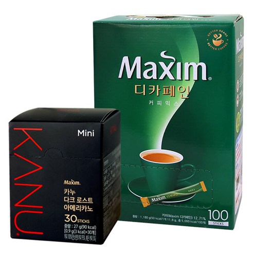 [블루존] 맥심 디카페인 커피믹스 100개입 + 카누 다크 로스트 아메리카노 미니 30개입 1세트