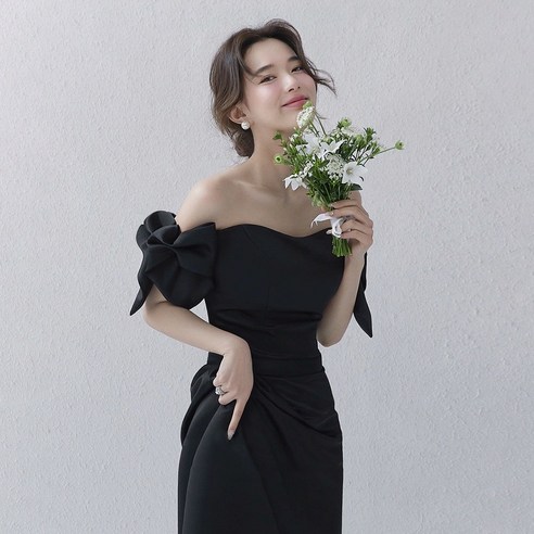 셀프 웨딩 드레스 오프숄더 리본 원피스 블랙 이브닝 피로연 2부 웨딩촬영 약혼식 파티복