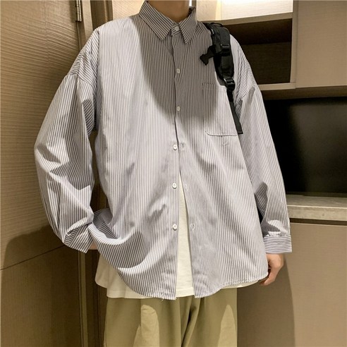 DFMEI 남성 캐주얼 셔츠 줄무늬 긴팔 셔츠 남성 봄과 가을 간단한 캐주얼 셔츠 일본 패션 브랜드 잘 생긴 느슨한 탑