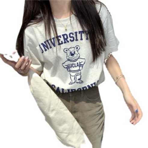 맨투맨 대학면 귀여운 곰 프린트 반팔 티셔츠 여성 여름 느슨한 바닥 탑 ANKRIC