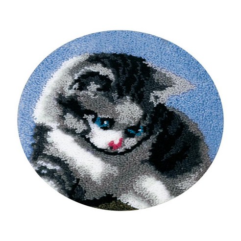 바느질 래치 후크 키트 자수 카펫 세트 래치 후크 키트 성인용 홈 인테리어 초보자 (캔버스 x 1 크로 셰 뜨개질, 회색 고양이, 혼합 섬유