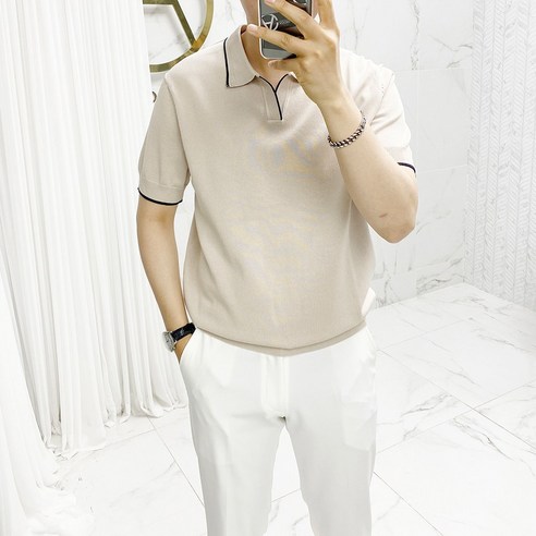 아도르클래식 배색 포인트 카라 5컬러 니트 반팔티