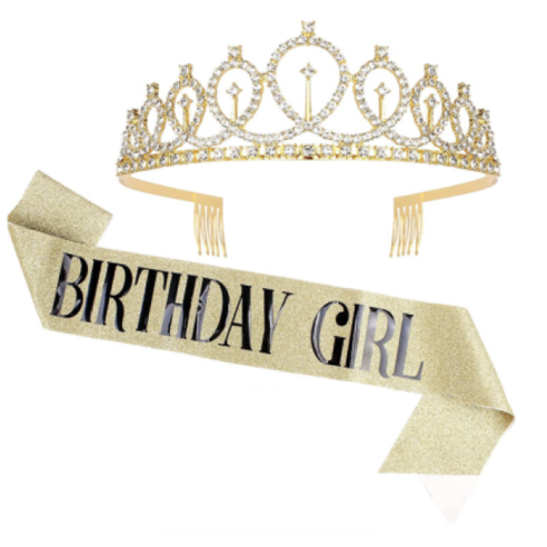 페어링어스 생일 어깨띠 + 티아라 왕관 세트, 골드세트, 1세트