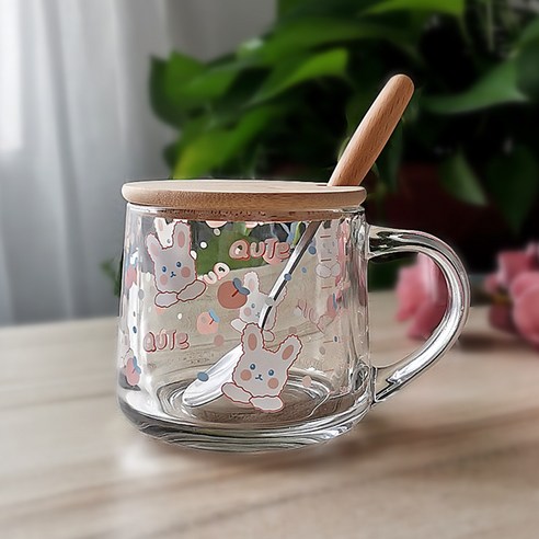 유리컵 빨대 우유 아침컵 귀엽다 만화 눈금 컵 덮개 숟가락 선물 글씨, 301-400ml, 380ml 귀여운 토끼+대나무 덮개+나무 주걱