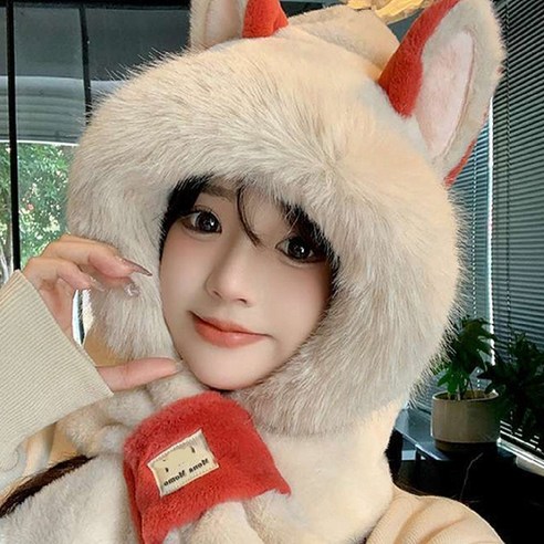 마제스티컬러 여성 겨울 바라클라바 후드워머 넥 워머 여우 털모자, 아이보리, 1개