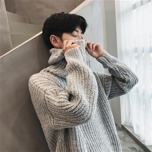 겨울 남성 한국 캐주얼 홍콩 스타일 하이 넥 느슨한 스웨터