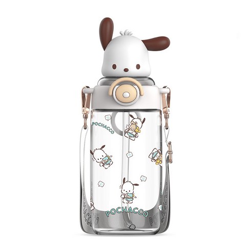 GOYES 산리오 어린이 캐릭터 투명 물병 빨대 물통 새학기 선물, 화이트 포차코, 1개, 650ml
