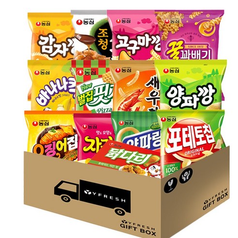 [YFRESH]농심 스낵 봉지과자 과자선물세트 13종(감자깡 조청유과 고구마깡 꿀꽈배기 바나나킥 벌집핏자 새우깡 양파깡 오징어집 자갈치 양파링 포테토칩 닭다리) + YFRESH박스
