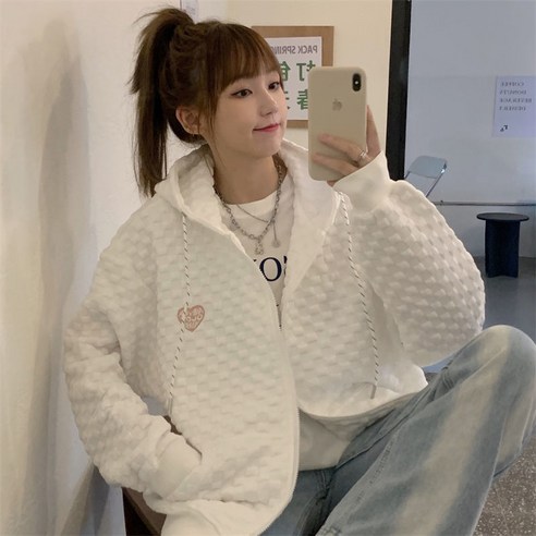 휘잇 하트 오버핏 후드 집업 후드티 티셔츠