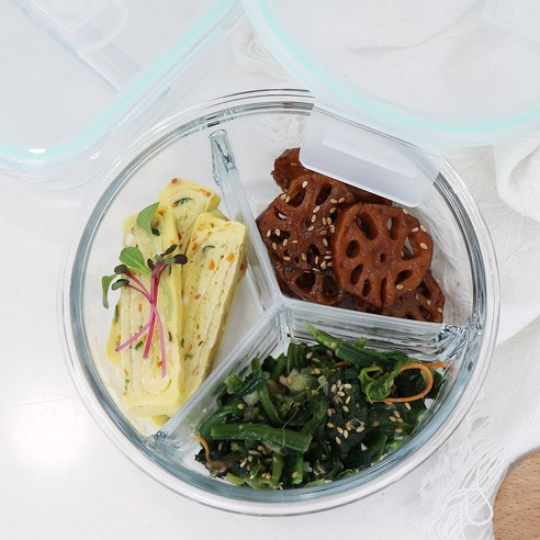이고웰 3칸나눔 유리 밀폐용기 반찬통, 1개, 950ml 원형