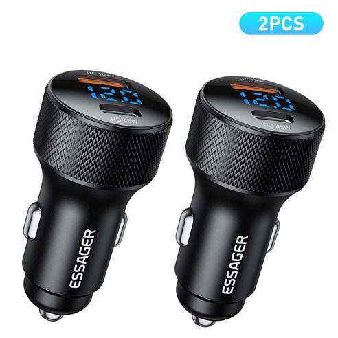 Essager 45W 2포트 PD3.0 QC3.0 차량용 초고속 충전기, 블랙, 2세트