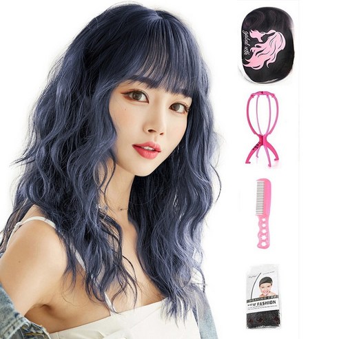가발위드 긴머리 웨이브 히피펌 탑텐 통가발1개 +가발걸이1개+가발전용빗1개+가발망1개 세트상품, 블랙블루