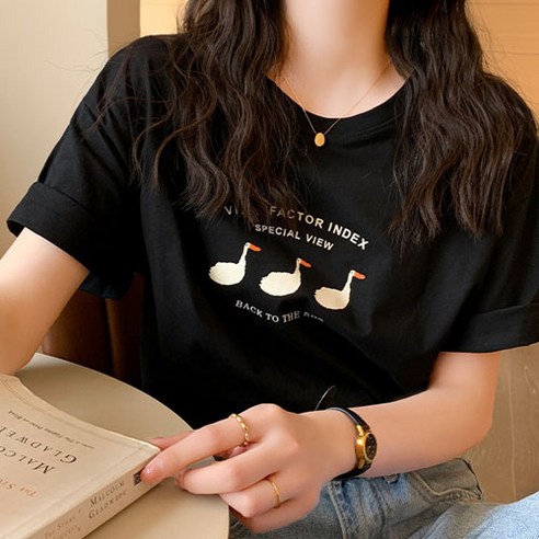 데일로엔 여성 귀여운 오리 레터링 반팔 티셔츠: 여름 즐거운 패션 아이템