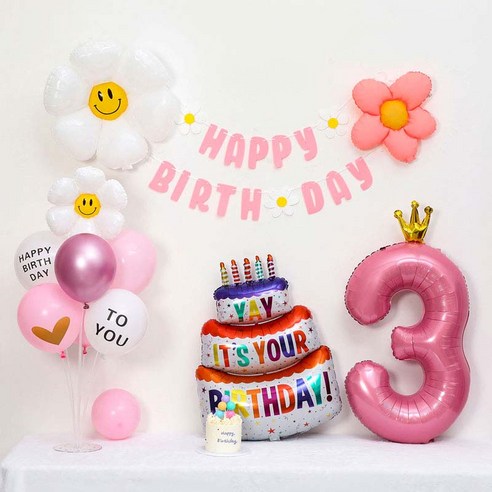 [피앤비유니티] 캐릭터무광데이지 생일케익풍선세트 스탠드형, 04-03)무광데이지생일풍선세트 3 핑크, 1세트