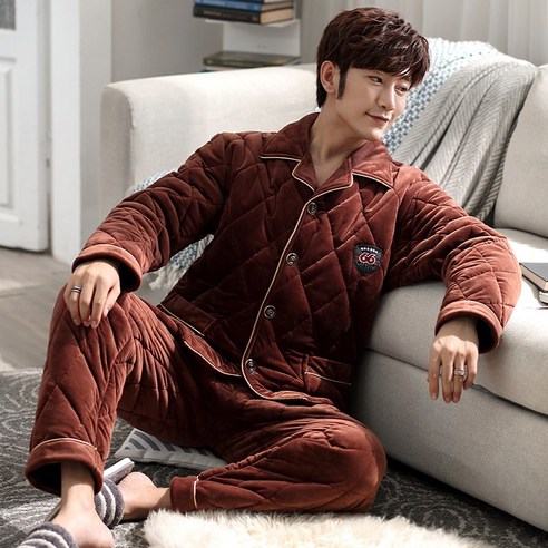 smy새로운 잠옷 남성 가을 겨울 산호 양털 세 레이어 퀼트 두꺼운 양털 따뜻한 정장 남자 홈