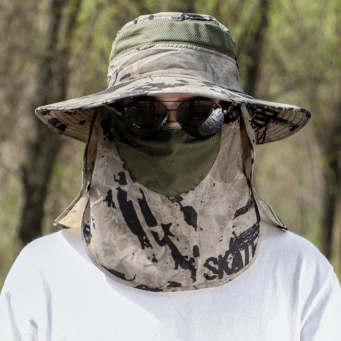 처마 낚시모자 남자 여름 자외선 차단 어부 모자 야외 전방위 얼굴 가리다 통기 베일 탈부착 가능, 조절 가능, 카키 잉크