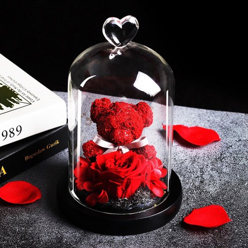[LOVE MQ] 테디 베어 꽃 영원한 로즈 아름다움과 야수 말린 꽃 유리 돔 웨딩 홈 장식 생일 선물, 하나, 큰Bear10-All레드
