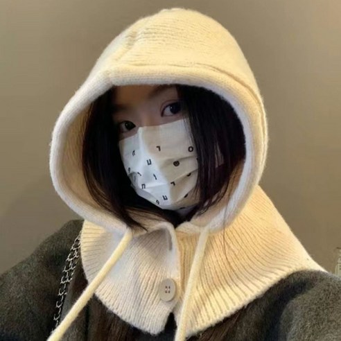 여성 후드 니트 바라클라바 넥워머, 크림