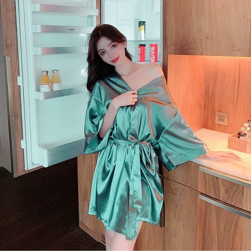 DFMEI-Y 일본 기모노 잠옷 봄과 여름 반팔 잠옷 여성 순수한 색상 얇은 매화 목욕 가운 여성 대형 홈, S, DFMEI F-짙은 녹색
