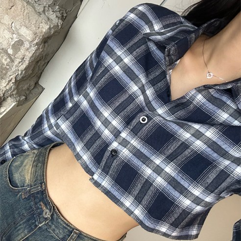 스키니어 여성 캐주얼 크롭 체크 남방 긴팔 카라 셔츠