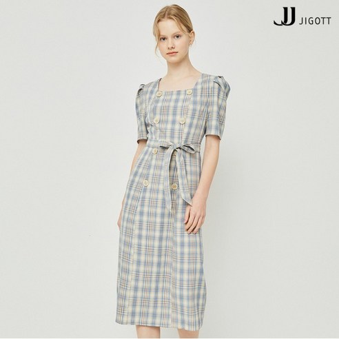 JJ지고트 더블 버튼 스퀘어넥 체크 원피스 GM6P0OP71