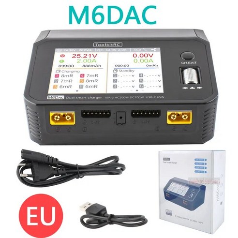 랜딩 ToolkitRC 듀얼 채널 스마트 리포 배터리 충전기 방전기 M6DAC V3 V1 AC 200W DC 350WX2 15A 1-6S LiHV PD 65W, [02] EU M6DAC