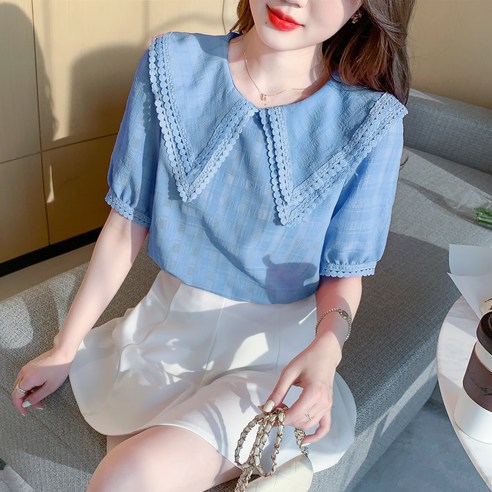 오가포 여름 여성 체크 패턴 반팔 셔츠 O30547 발렌시아블라우스 오가포 여름 여성 체크 패턴 반팔 셔츠 O30547 발렌시아블라우스