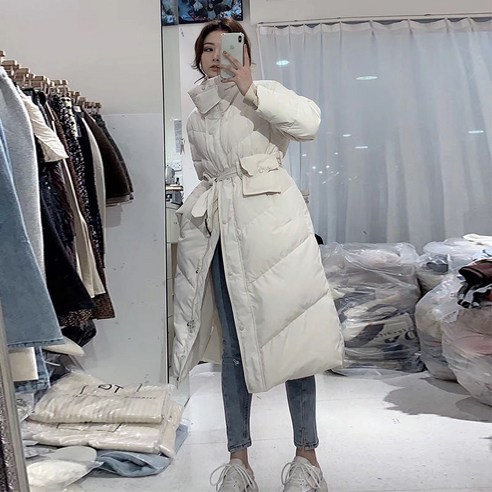 동대문 다운 재킷 여성 긴 새로운 한국어 스타일 느슨한 캐주얼 패션 화이트 오리 짙은 겨울 코트