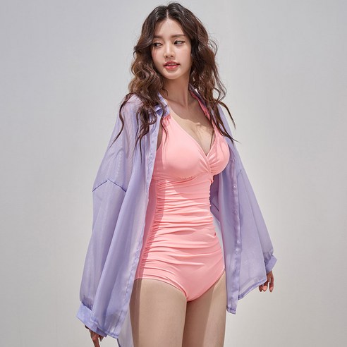 위크나인 여성용 시스루 블라우스 비치웨어, 라이트퍼플