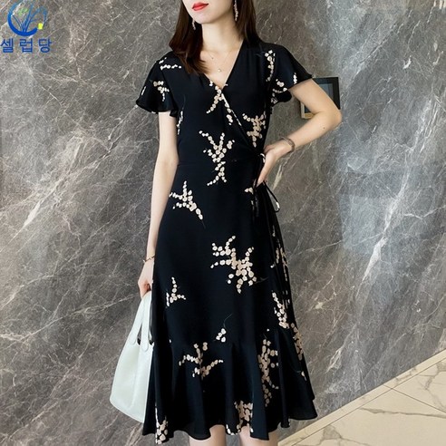 셀럽당 우아한 프린트 프릴 소매 원피스 여 조거 슬림 A라인 스커트