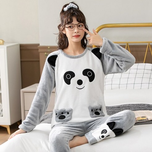 [ZQ] 2021 겨울 두꺼운 따뜻한 플란넬 Pyjama 여성 긴 소매 귀여운 만화 암소 인쇄 잠옷 Pyjama 남자 옷